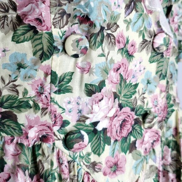 Vintage Floral Cottage Core Prairie Dress 11 12 Yellow Puff Sleeve Pink Blue - Picture 4 of 7